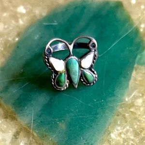 Dainty Butterfly Green Turquoise/ Mother of Pearl Silver Ring Vintage Handmade